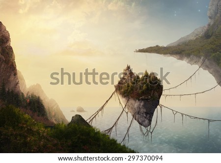 A surreal landscape at sunset with floating islands.