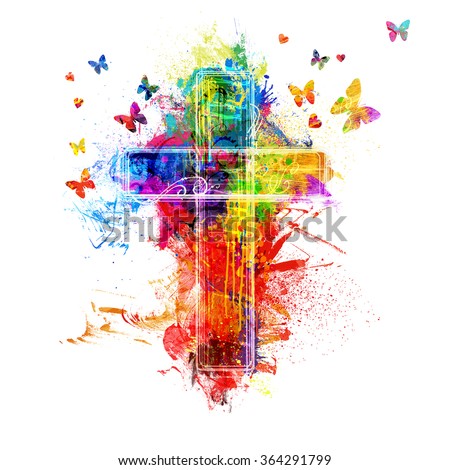 A cross created by colorful paint splatters