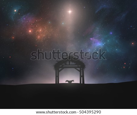 An empty manger and stable under the star of Bethlehem