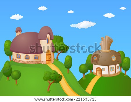 Childish cartoon landscape with little houses and trees