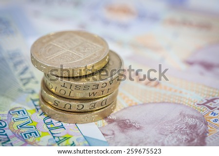 UK Money Stack of Pound Coins on Notes