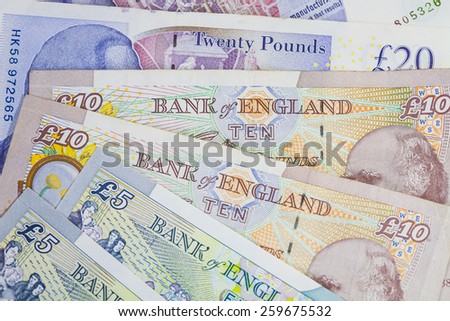 Mixed UK money notes background