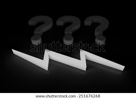 an electricity bolt on a scratched surface glowing in the dark below 3 question marks