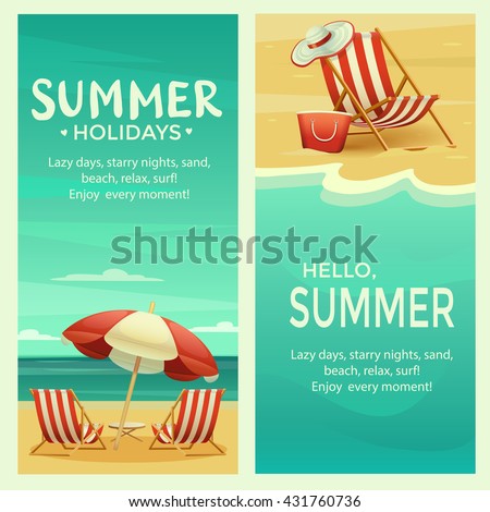 Retro summer banner template with beach umbrella, chair, ocean and sand, landscape, realistic detailed vector illustration