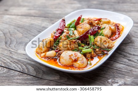 Thai food : spicy stir fried clams with basil : in Thai language called \