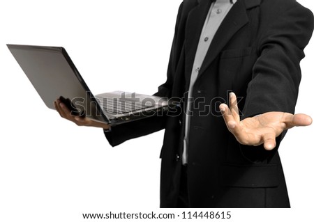 Business man give the hand for help using laptop isolated over white background