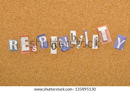 Responsibility word made from newspaper letter shot over pinboard background