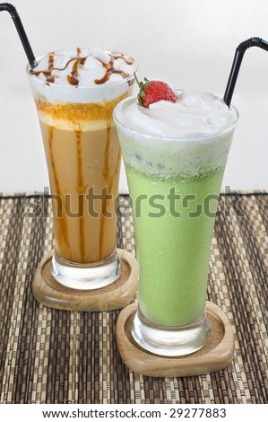 Mocca and Green tea smoothies served cold