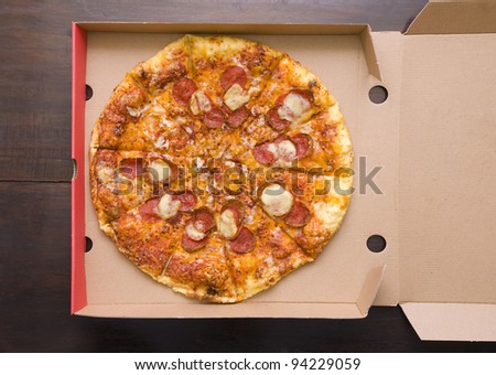Pepperoni Pizza shot in the pizza box, you can put your writing on the box
