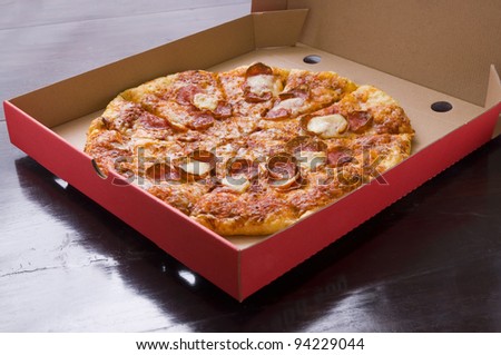 Pepperoni Pizza shot in the pizza box, you can put your writing on the box