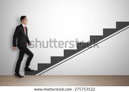 Business man step up imaginary stair. Career development concept