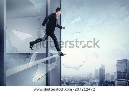 Business man looking stress, jump through window. Business depression concept