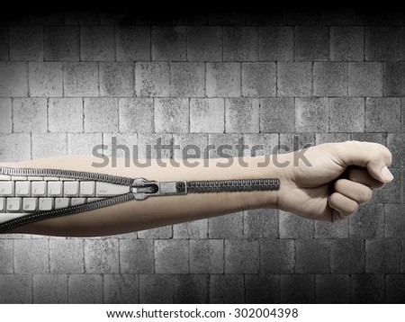 Man hand with zipper open show keyboard inside