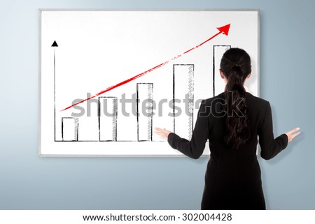 Back view young woman with white board. There increasing chart image