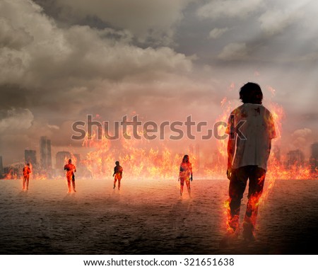 Group of zombie get burn. Halloween concept