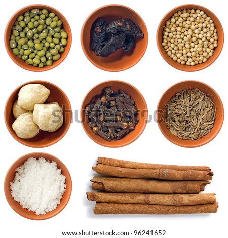Variety of different spices in bowls for seasoning. Isolated over white background
