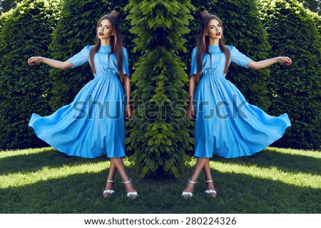 Beautiful sexy young woman brunette hair evening makeup wearing short dress suit top  skirt high heels shoes business clothes meeting walks summer fall collection perfect in park sun shine body shape