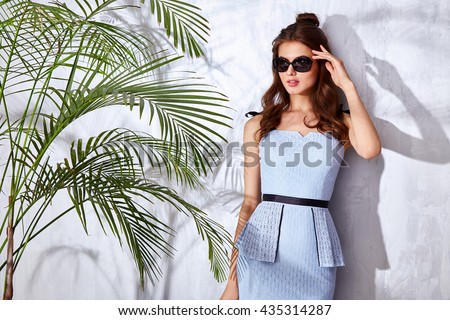 Beautiful sexy woman wear fashion design dress glamour style model pose elegance business casual celebrity lady party time accessory trend bag brand sunglasses luxury life palm and summer collection