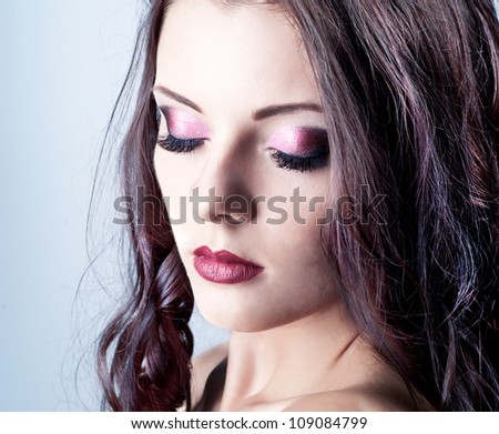 Bright purple eye evening make-up, beautiful woman portrait, Eyeshadows and lip stick