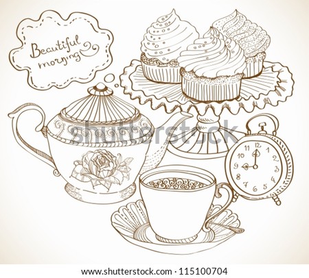 vintage tea background hand drawn set for breakfast vector vintage tea background hand drawn set for breakfast vector