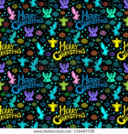 Merry Christmas  seamless color pattern with Angels and toys over dark