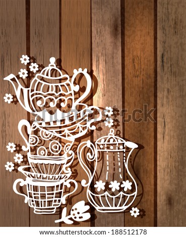 Tea cup background with teapot and jar, illustration for design over wood