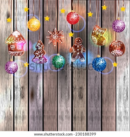 Hanging Gingerbread Christmas Cookies for Xmas Decoration with color decoration ball. Wood Texture Background, VECTOR