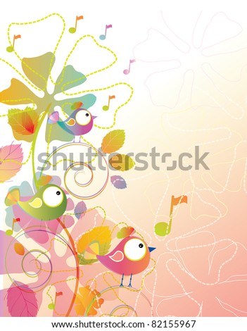 Color background with birds and flowers over white