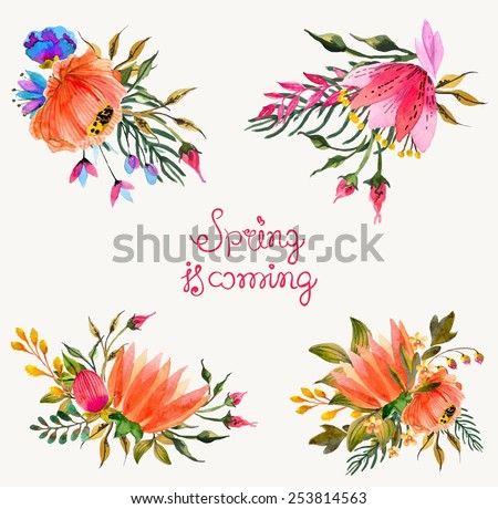 Watercolor flowers set. Colorful floral collection with leaves and flowers. Spring or summer design for invitation, wedding or greeting cards