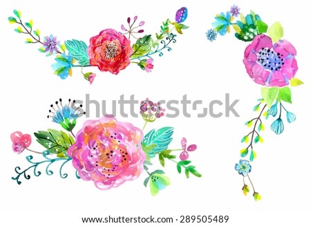 Watercolor flowers set. Colorful floral collection with leaves and flowers. Spring or summer design for invitation, wedding or greeting cards, Vector
