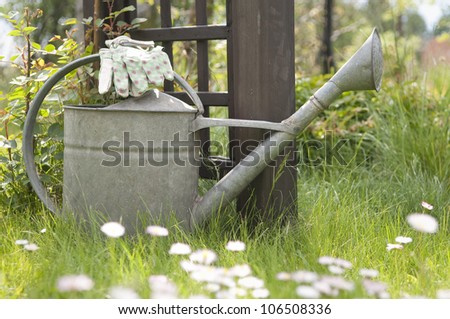 Watering can and garden gloves on lawn