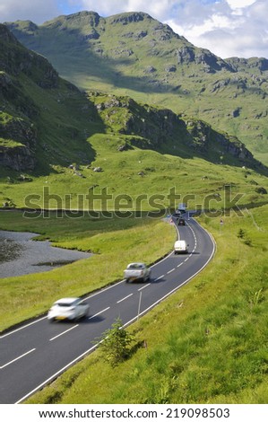 Mountain road in Scotland. Road A83, Loch Restil, Argyll and Bute, Scotland.