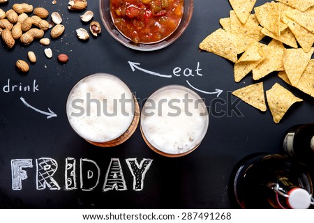 Beer and Snacks on Black Chalkboard with words Friday, Eat, Drink from above