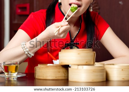 Chinese steamed dimsum in bamboo containers traditional cuisine,Shumai dumpling, a very popular Dim Sum in Hong Kong