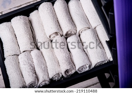 Roll Towels overlap,Soft colorful warm blankets in the seizures products,Towels in open drawer close up