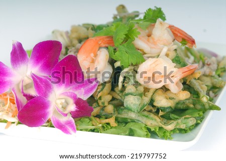 Crispy deep fried morning glory with spicy seafood salad,Crispy deep fried morning glory salad,