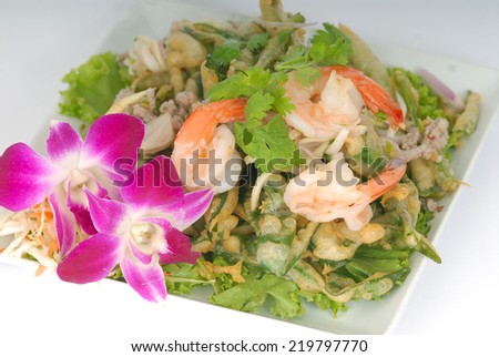 Crispy deep fried morning glory with spicy seafood salad,Crispy deep fried morning glory salad,