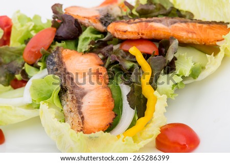 Rare fried salmon steaks in porcelain plate,green and healthy food salmon salad.
