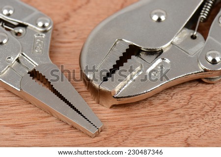 Locking pliers on wood background