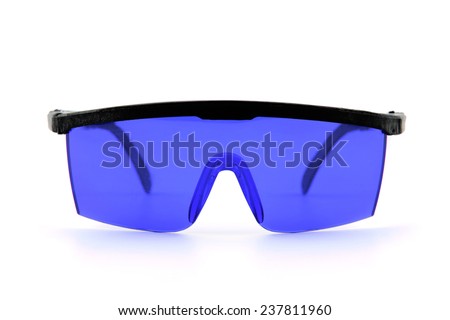 photo blue protective spectacles on white background isolated