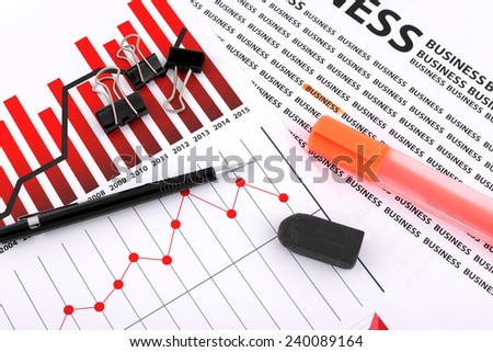 Different types of charts, documents business with a pencil and red highlighter pen and eraser