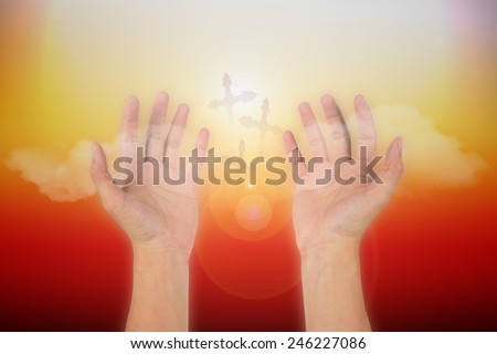 Holy spirit on hand, hand reaching for the cross on filters background