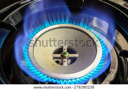 Portable gas burner with closeup of flame