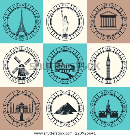 Stickers and icons of travel. Vector illustration isolated famous scenic attractions and places of the world.