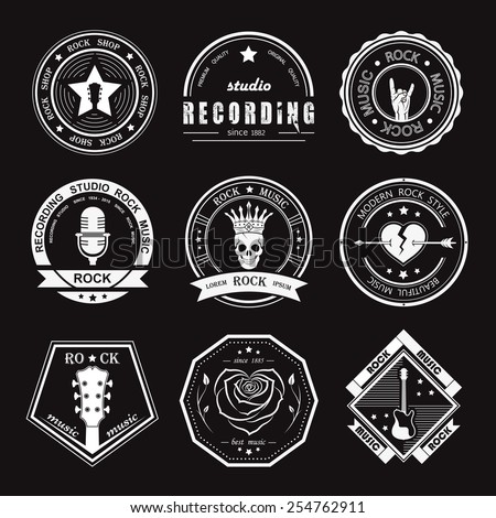 Set of logos rock music and recording studios Music design elements with font type and illustration vector Vintage label Rock Beast T-Shirt Print Set of logos rock music and recording studios Music design elements with font type and illustration vector Vintage label Rock Beast T-Shirt Print
