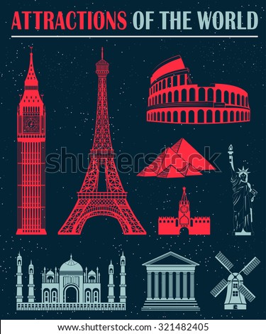 Set of icons on the topic of travel and recreation. Famous international landmarks