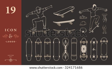 Set of skateboards and skateboarding of equipment, clothing, protection, and elements of street style. Silhouettes tricks skateboarders, and big collection symbols skateboards