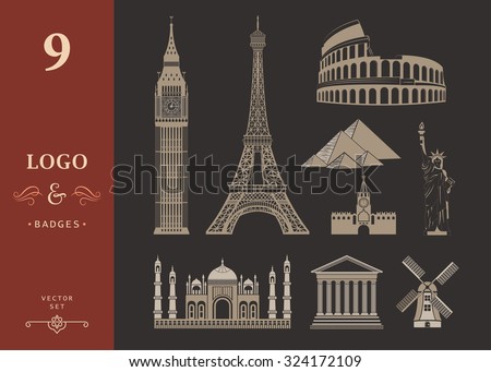 Set of icons on the topic of travel and recreation. Famous international landmarks
