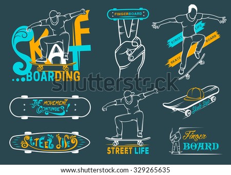Set of skateboarding emblems, logo, badge, labels and designed elements. Collection sign street art, street life and graffiti