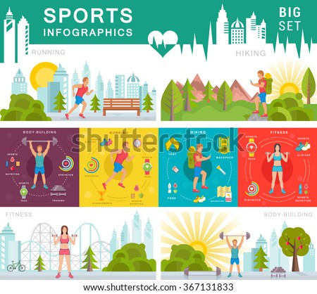 Sport infographic banners and elements with running, bodybuilding, fitness and hiking. Set sign sport people and others objects. Fitness info graphic template. 8 flat square icons composition banner.